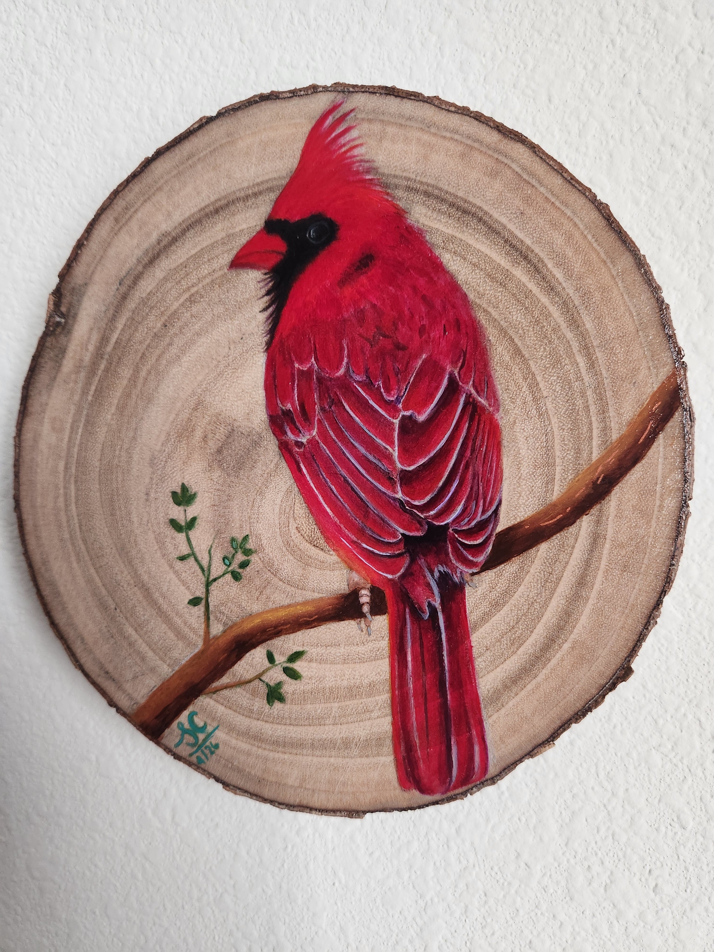 Red Cardinal handpainted on wood slice