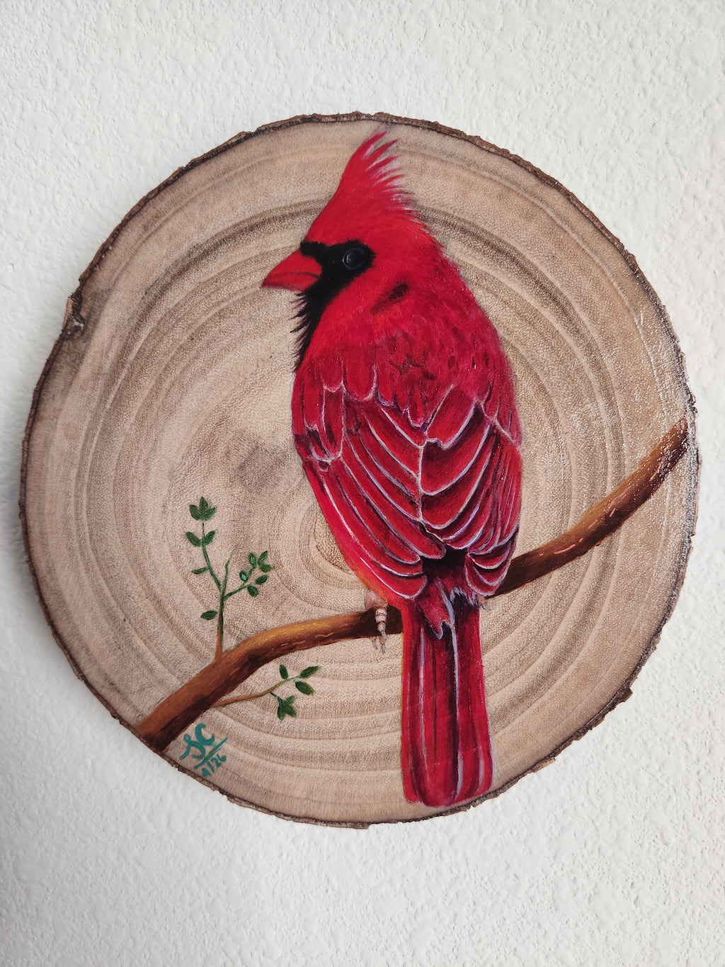 Red Cardinal handpainted on wood slice