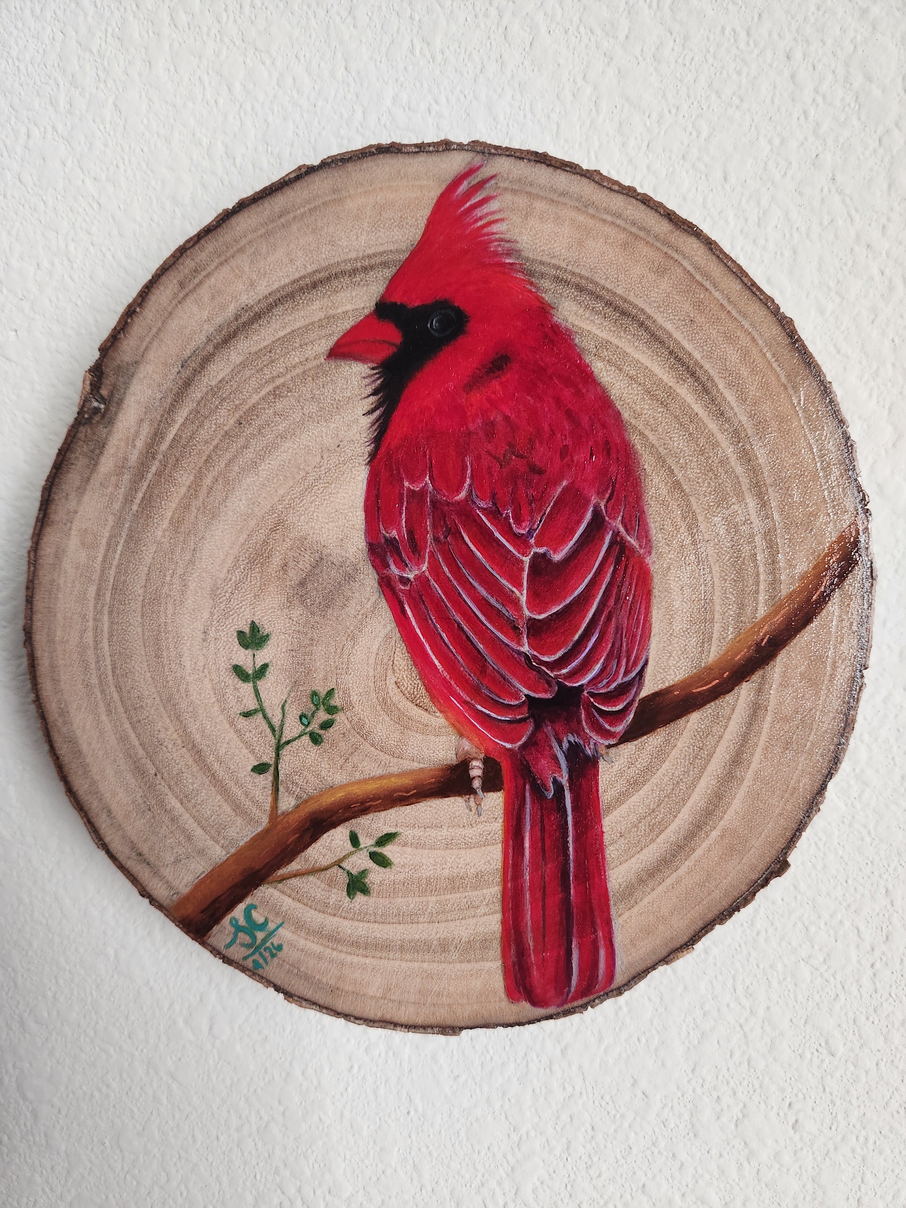 Red Cardinal handpainted on wood slice