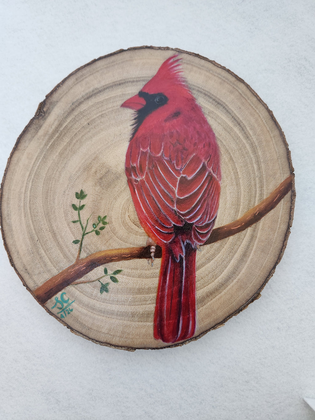 Red Cardinal handpainted on wood slice